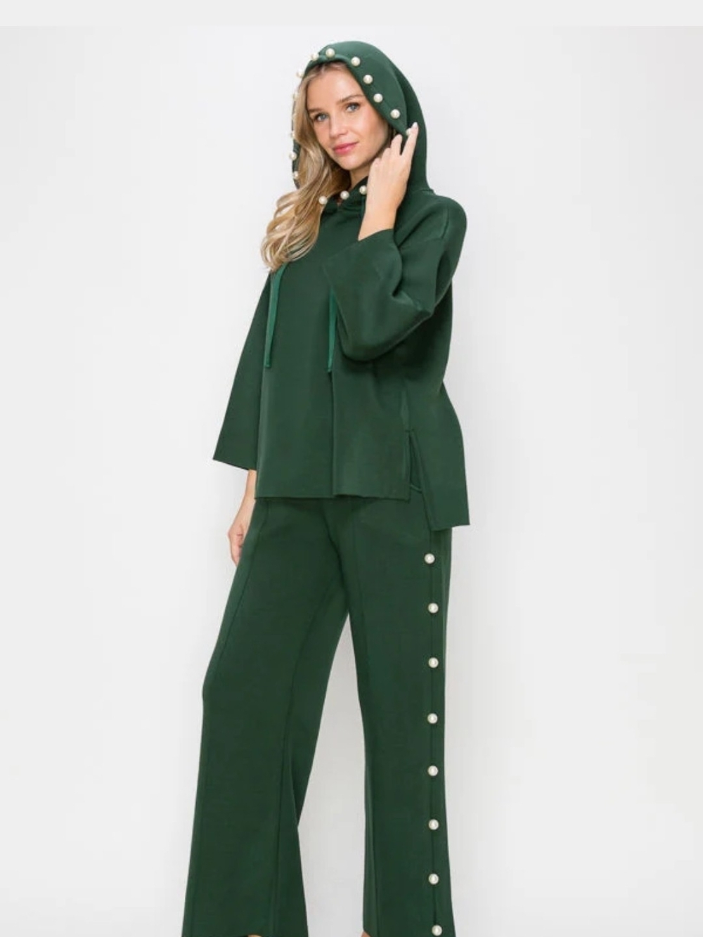 Joh Apparel Pearl-Trim Hooded Wide-Leg Pants Set - Hunter Green Size L